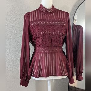Elegant Burgundy Lace Mock Neck Blouse